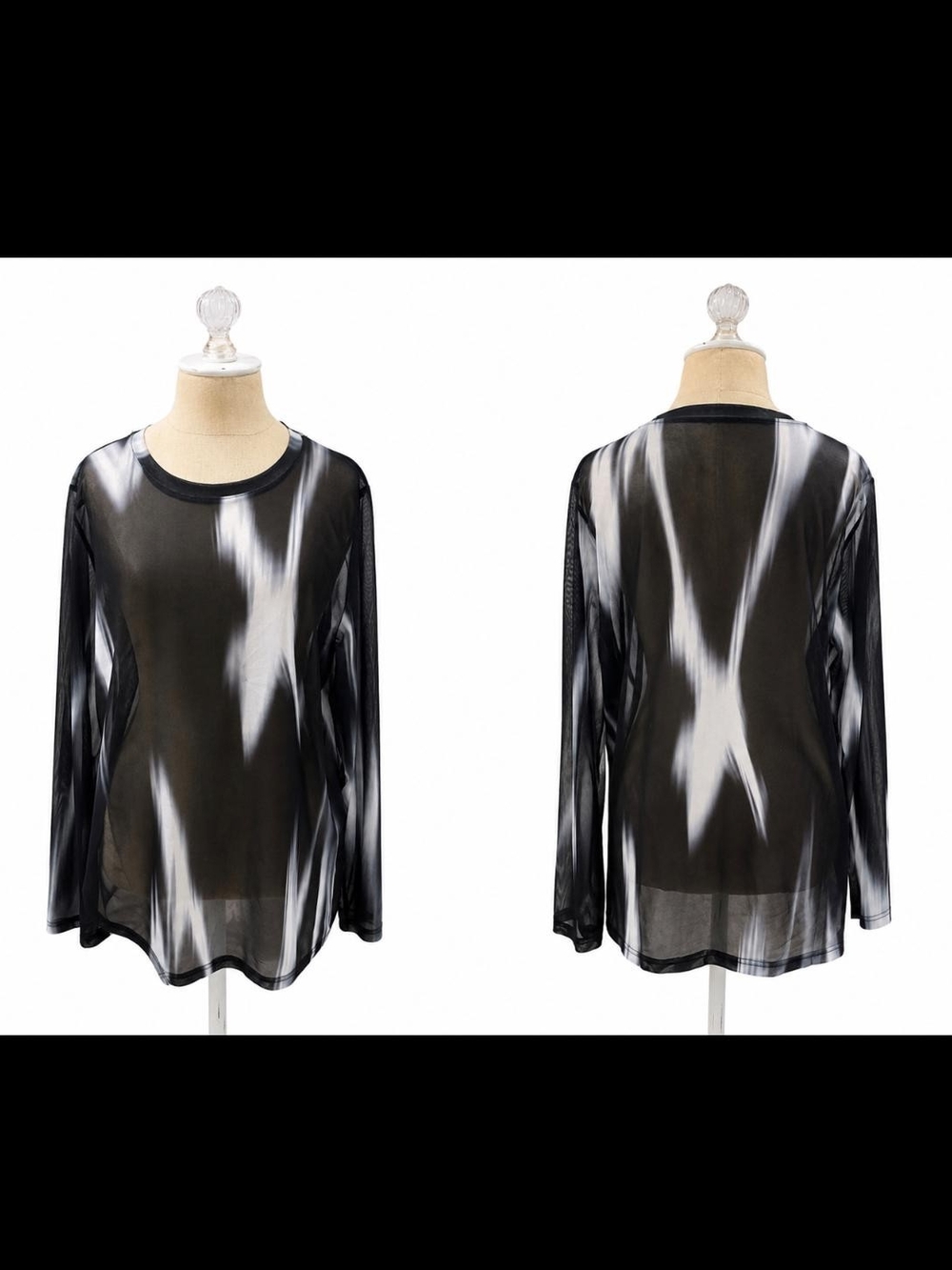 Sheer Black & White Abstract Long-Sleeve Women’s Top